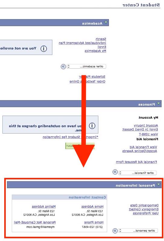 Screenshot of Student Center Personal Information section showing Personal Information like Home Address, Phone, Personal email